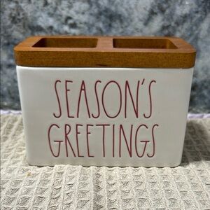 NWT Rae Dunn “Season’s Greetings” Ceramic Caddy w/ Wood Lid